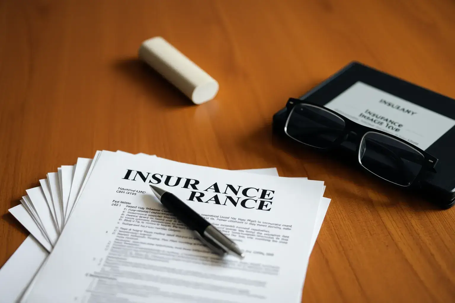 Une pile de documents d'assurance sur un bureau en bois.